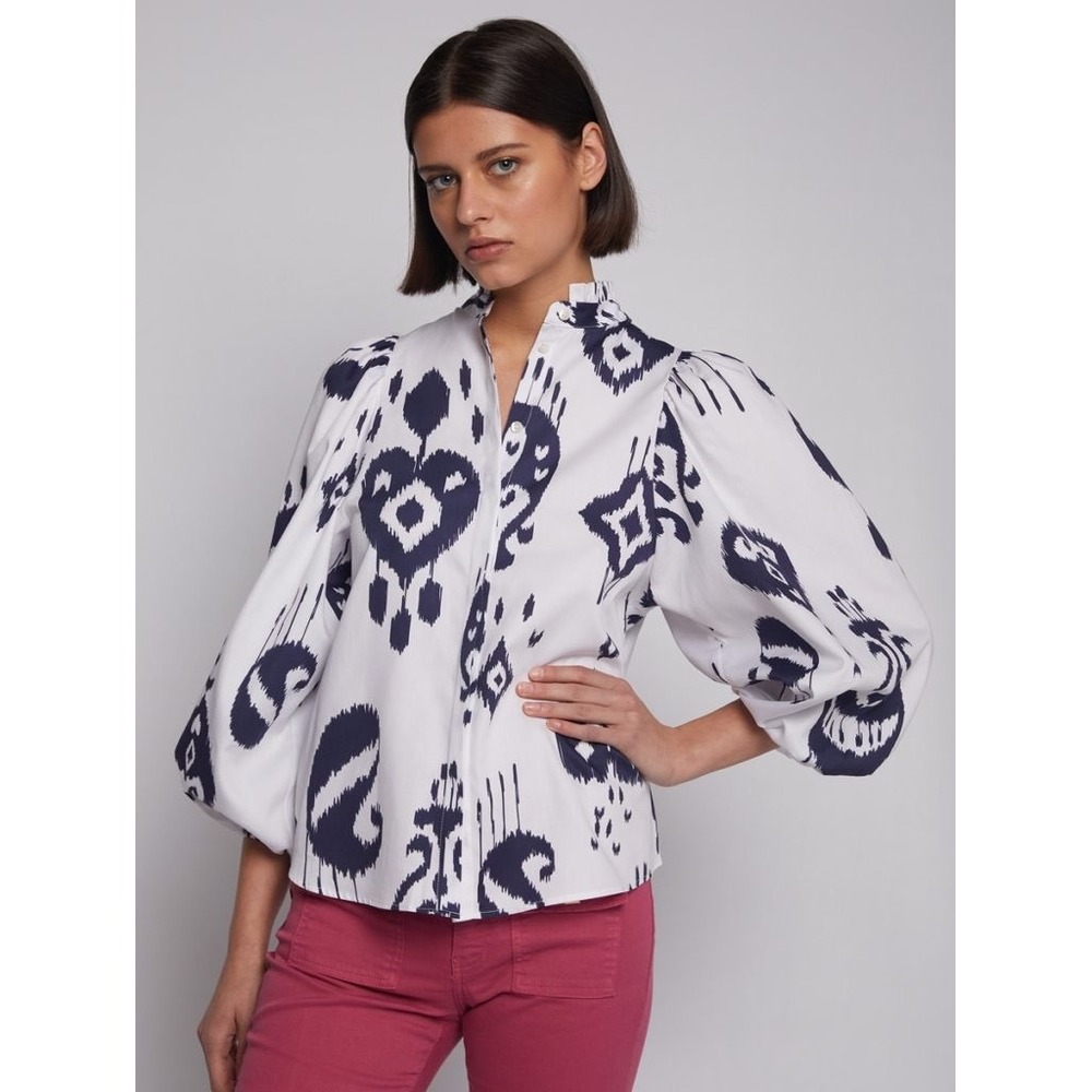 Vilagallo White Ikat Print High Neck‎ Puff Sleeve Blouse Size 38 (Medium)